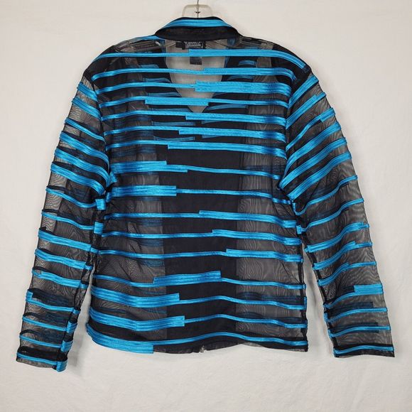 Damee Inc Black Mesh Turquoise Stripe XL Long Sleeve Sheer Full Zip Jacket - Picture 2 of 10